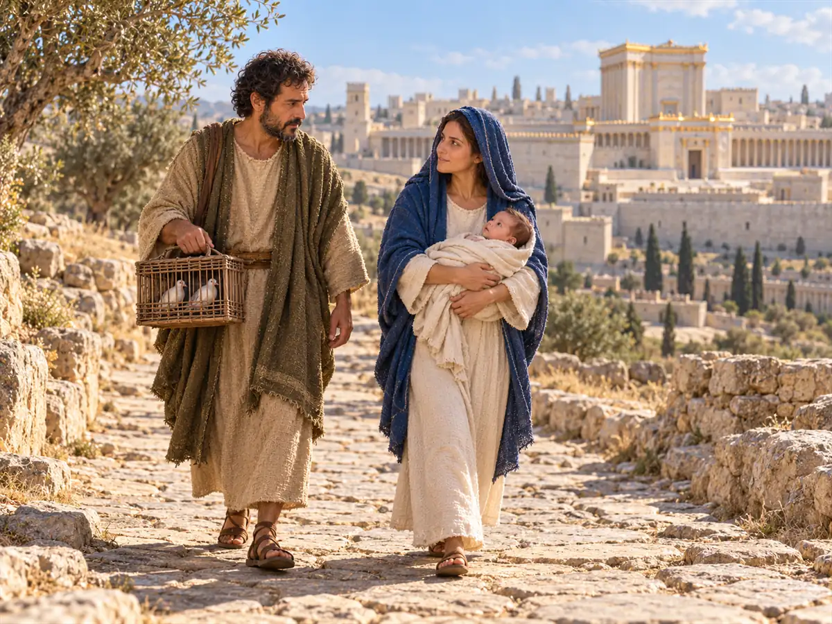 Jesús es presentado en el Templo: recreación artística del Evangelio de este día
